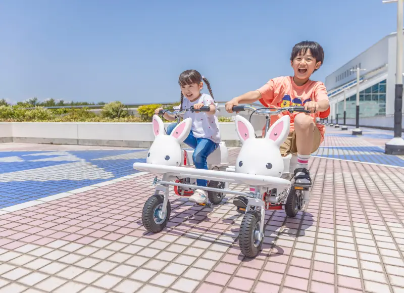 Children riding rabbit-shaped pedal carts