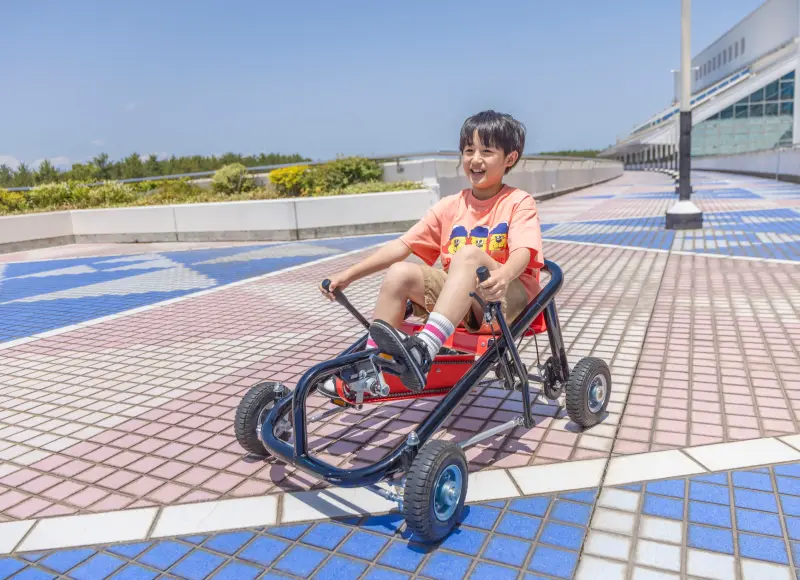 Children enjoying pedal go-karts outdoors