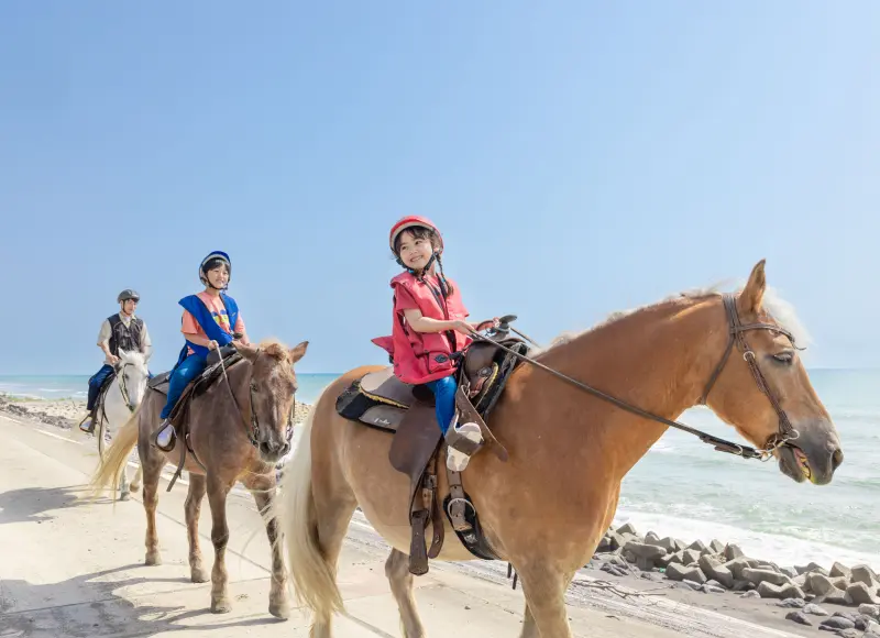 A family enjoying horseback riding on the beach