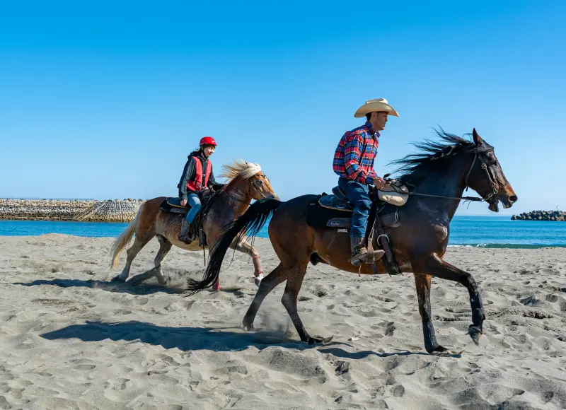 Participants riding horses with instructors on the beach