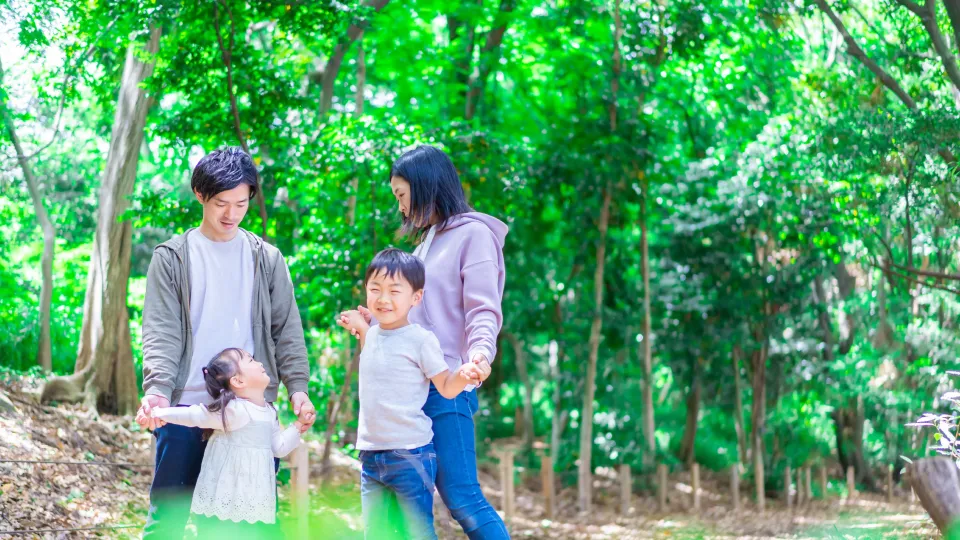 A family walking happily in the forest